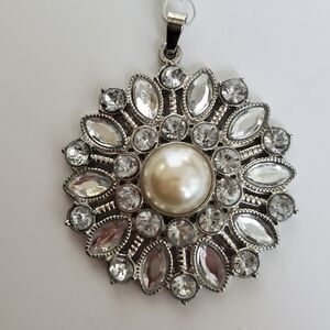 Vintage Style Pearl & Rhinestones Silver Pendant Large Floral Bridal Wedding